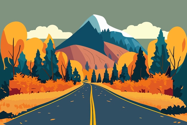 Landscape of mountain empty road in autumn with pines