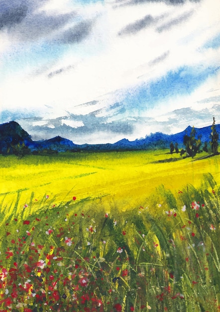 Landscape of mountain watercolor hand paint