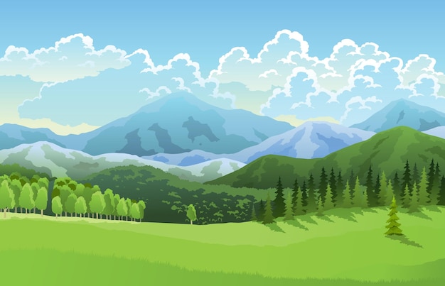 Пейзаж горы луга луга и голубое небо с облаками Мультфильм плоская панорама весеннего летнего леса Красивый фон природы Векторная иллюстрация