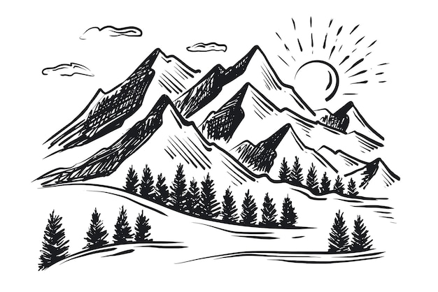 Landscape mountains Hand drawn illustration