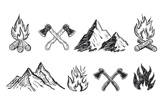 Landscape mountains Two crossed axe Bonfire Hand drawn illustration