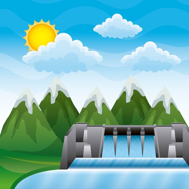 Vector landscape mountains with dam hydroelectric