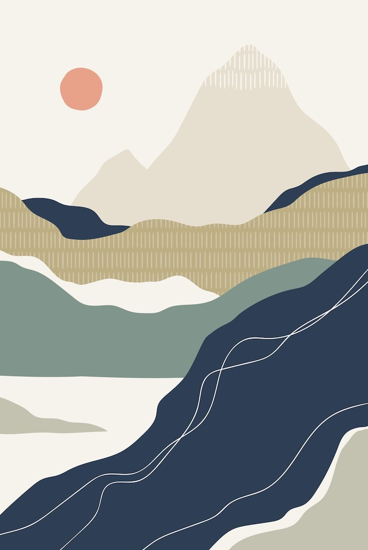 Vector landscape nature abstract poster with mountains sea and sun serene calm peaceful scenery vertical background modern minimalist zen wall art in japanese asian style flat vector illustration