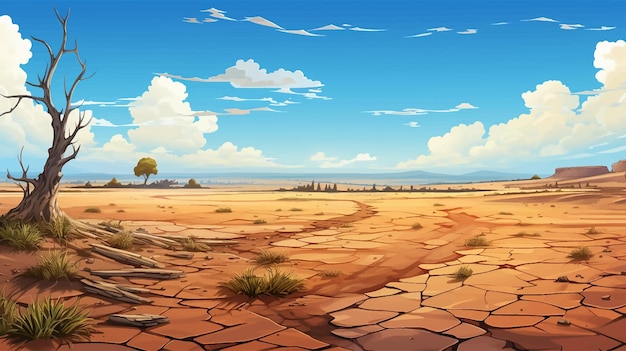 Vettore paesaggio natura illustrazione deserto cielo montagna sfondo estate bellissimo cartone animato sabbia erba