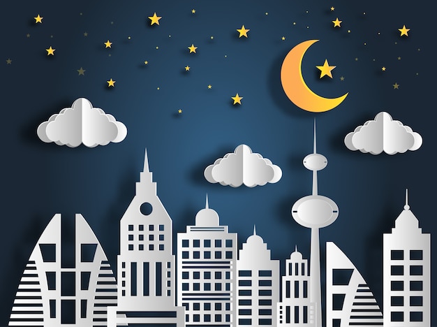 달과 별과 도시에서 밤 풍경.