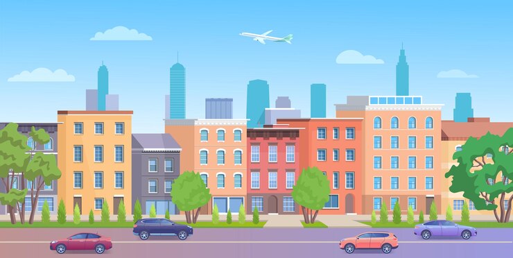 Вектор пейзаж зданий города нью-йорка фасад кирпичных домов