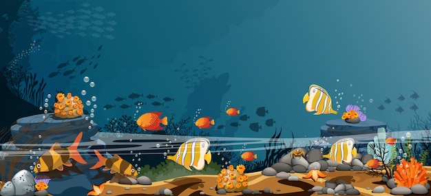 Vector landscape of the ocean rocks fish and the organisms that live together.