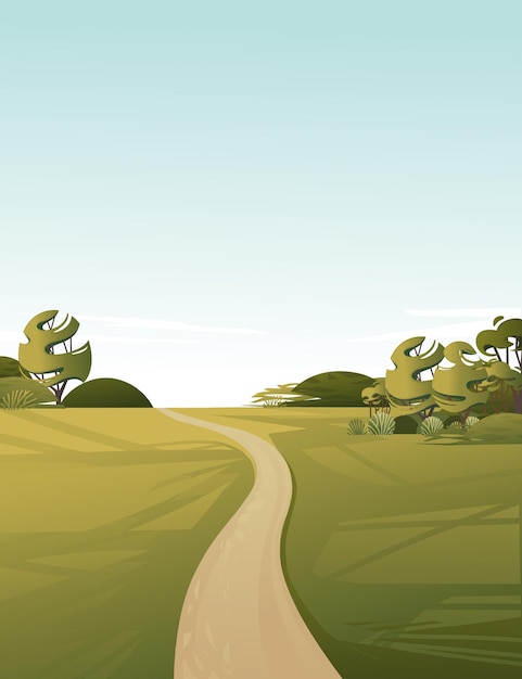 ベクトル 未舗装の道路緑の草や木のある田園地帯の風景漫画デザインフラットベクトルイラスト垂直デザイン