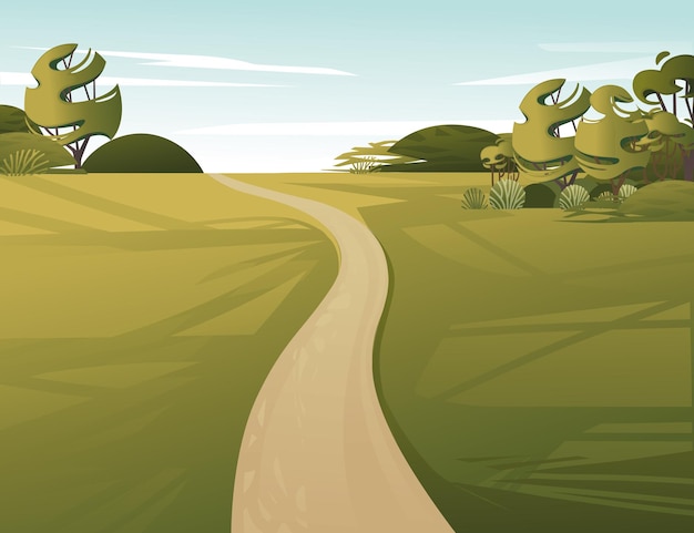 Вектор Пейзаж сельской местности с грунтовой дорогой, зеленой травой и деревьями, мультяшный дизайн, плоская векторная иллюстрация