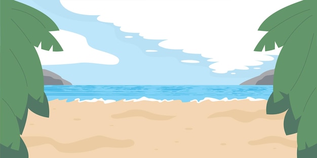 Пейзаж побережья у моря летняя мультяшная иллюстрация природы чистый нетронутый пляж место отдыха векторное изображение тропического морского пляжа