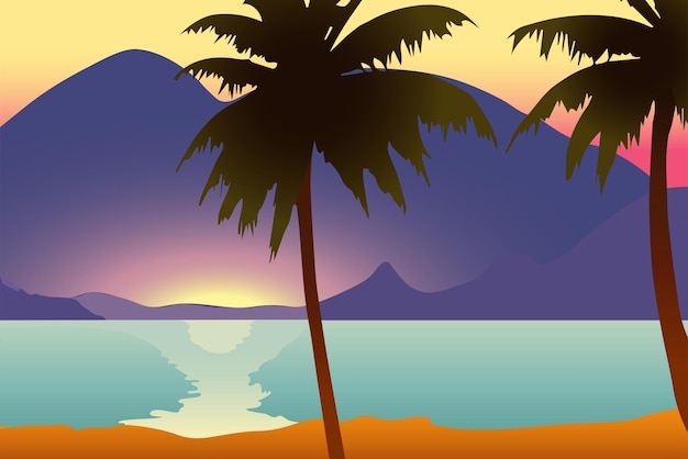 Вектор Пейзаж тропического острова с морскими пальмами и горами дизайн для баннеров и социальных сетей