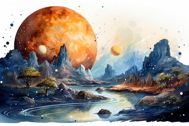 Пейзаж на поверхности планеты Марс представляет собой живописную пустыню на красной планете. Фон космической игры.