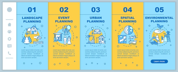 Modello di vettore di onboarding di pianificazione del paesaggio. ingegneria e architettura. regioni internazionali. sito mobile reattivo con icone. schermate dei passaggi della procedura dettagliata della pagina web. concetto di colore rgb