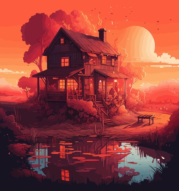 Landscape Reverie A Dreamy Illustration of a Farmhouse in Vibrant Colors