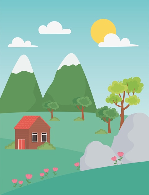 Landscape rural house flowers stones mountains peak and trees illustration