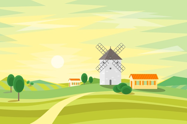 Landscape rural with traditional old windmill. flat style.