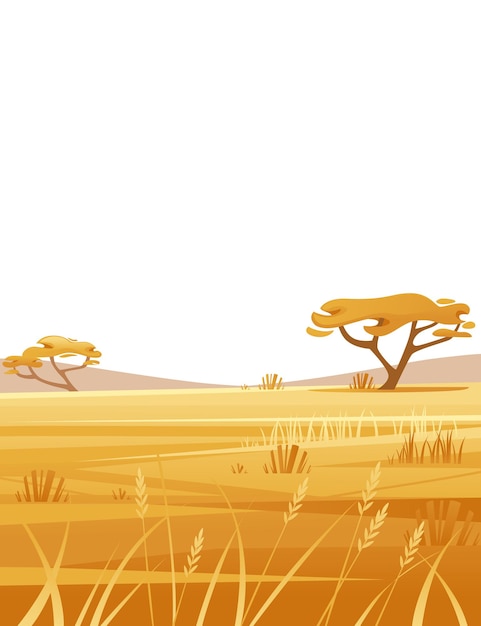 Vettore savana paesaggistica su sfondo bianco con erba gialla e albero piatto illustrazione vettoriale in stile cartone animato verticale