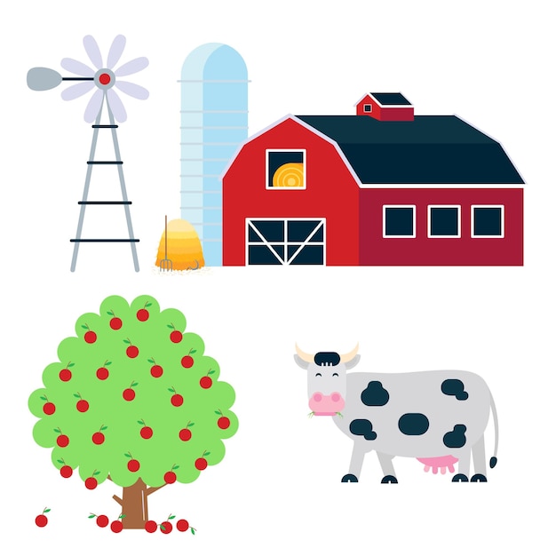 Vector landscape scene elements with black white spotted cow