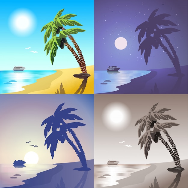 Landscape sea cruise ship palm beach summer tropic island travel scene concept vector illustration daylight night moonlight sunset view set.