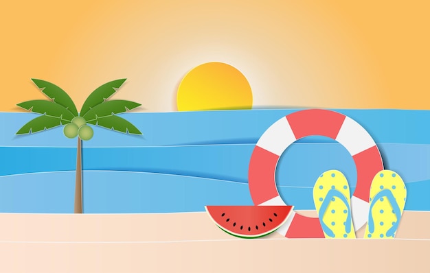 Landscape of sea sun sandals watermelon on sand Summer holiday background Paper art style