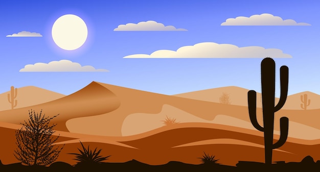 Vector landscape silhouette in the desert pattern background with wild cactus