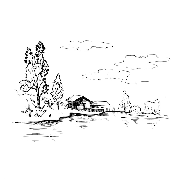 風景スケッチ。村の家、湖、木々と手描きの風景。スケッチスタイルのベクトル図。白で隔離。