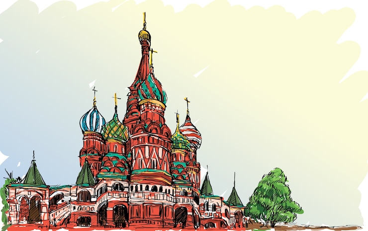 Вектор эскиз пейзажа, москва, россия, красная площадь, рисунок от руки