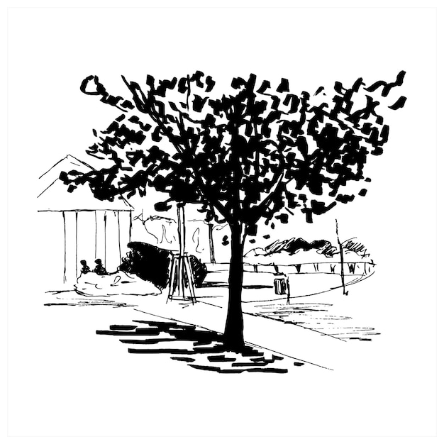 Landscape sketch. tree in park, hand-drawn fragment of cityscape , vector illustration isolated on white background.