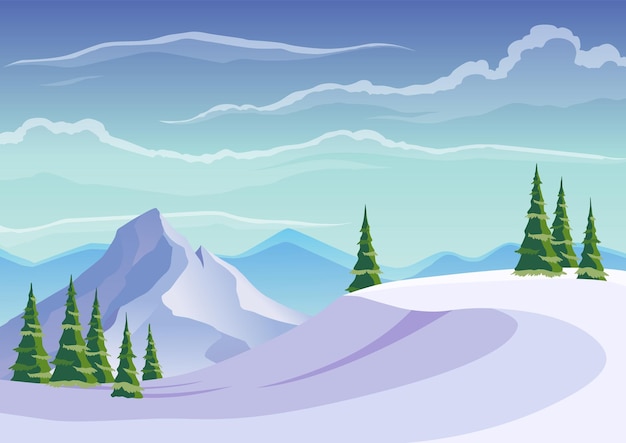 Vector landscape of ski resort blue mountains winter snowy landscape with snows and pine forest on foreground mountain peaks and traveling background