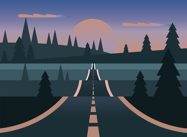 Vector landscape of street with moon and pine trees design, nature and outdoor theme.