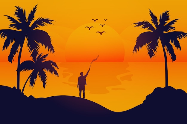 Vector landscape sunset on the beach is very beautiful