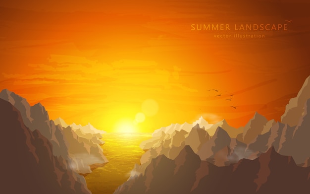 Vector landscape at sunset: river and mountains