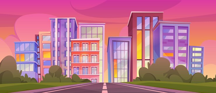 Vector landscape of town at sunset evening view