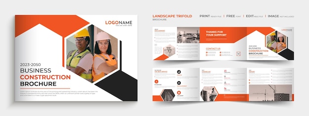Landscape trifold construction company brochure design template layout