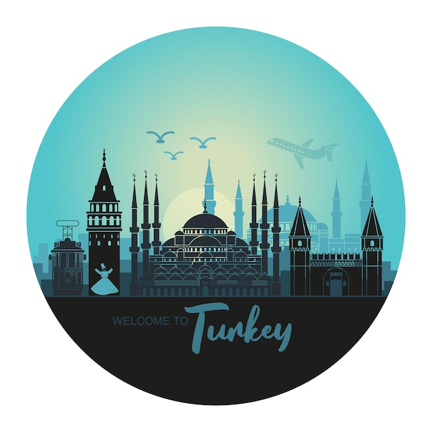Пейзаж турецкого города Стамбул Абстрактный горизонт с основными достопримечательностями в виде круга