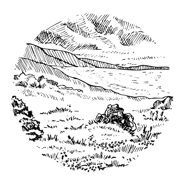 Вектор Векторный эскиз пейзажа иллюстрация, нарисованная вручную гравировка природы монохромный рисунок