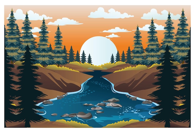 Vector landscape view of mountain and lake with pine trees