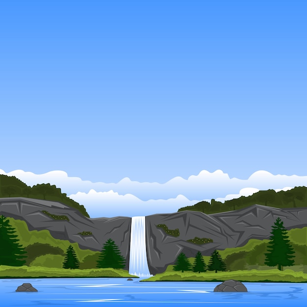 Landscape view of the rock cliff waterfalls and lakes