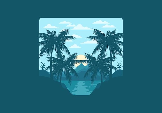 Vector landscape view of sunset beach with some coconut trees