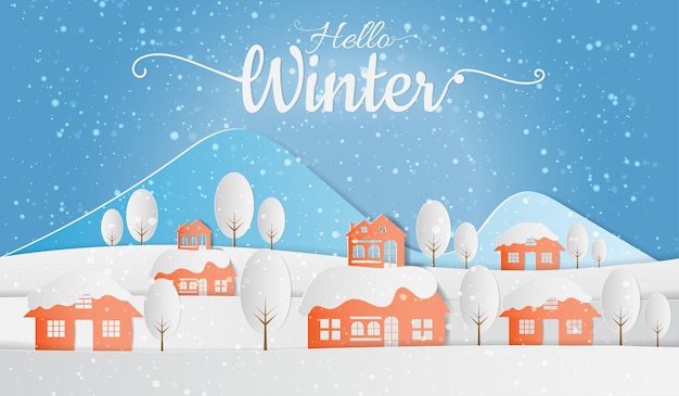 Vector landscape of village in winter snow forest hello winter paper art style