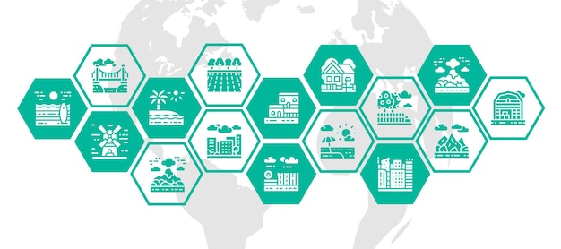Пейзажный веб-баннер с набором иконок Мост Лесной сад Вулкан Ветряная мельница Концепция иллюстрации для бизнес-веб-страницы финансовый баннер