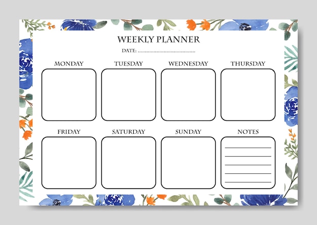 Vector landscape weekly planner watercolor blue florals background template printable