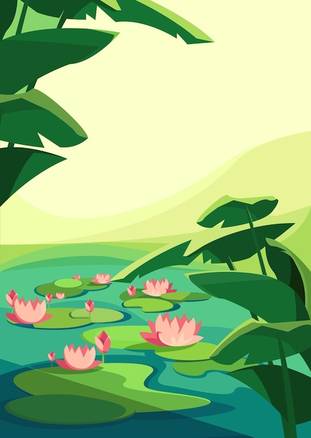 Vector landscape with blooming lotuses. natural scenery in vertical orientation.