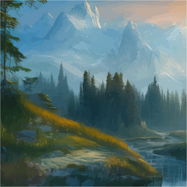 Landscape with blue misty mountains beautiful forest and river against backdrop of sunrise wildlife