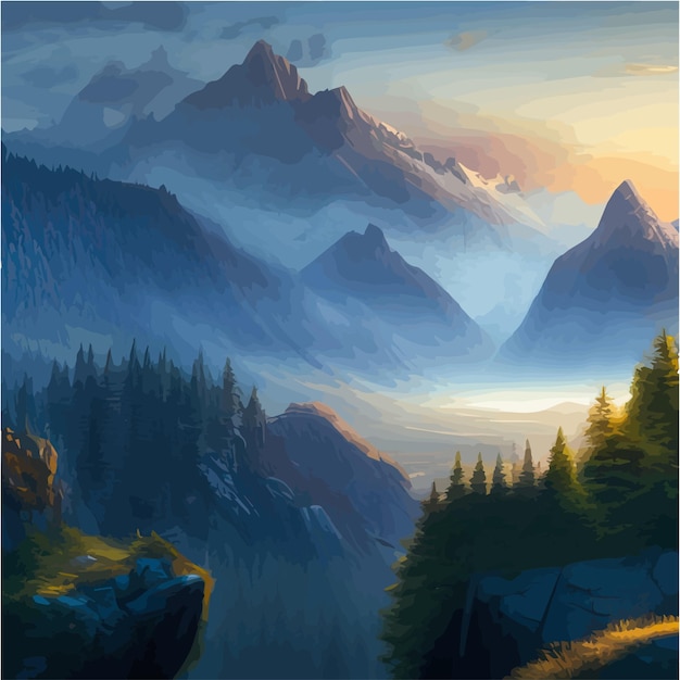 Landscape with blue misty mountains beautiful forest and river against backdrop of sunrise wildlife