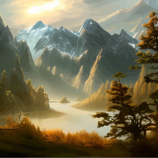 Vector landscape with blue misty mountains beautiful forest and river against backdrop of sunrise wildlife