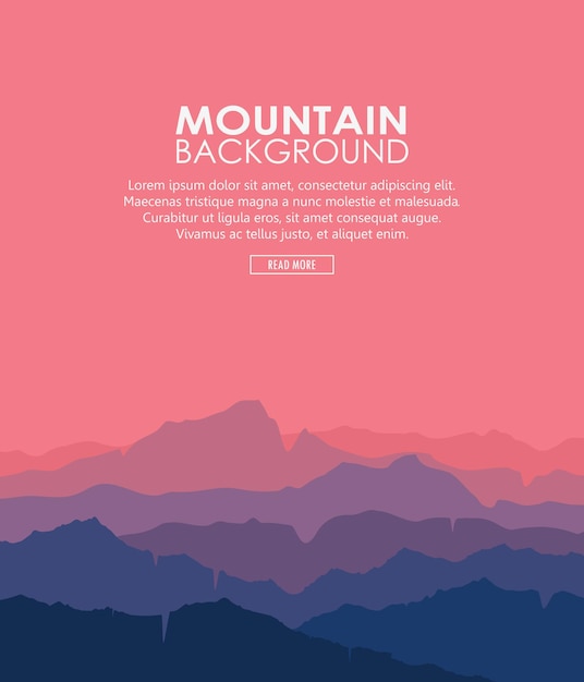 아름다운 붉은 저녁 하늘이 있는 산과 언덕의 파란색과 보라색 실루엣이 있는 풍경. 황혼의 거대한 산맥 실루엣. 벡터 세로 그림입니다.