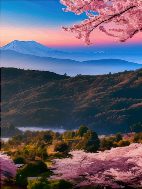 Vector landscape with branch sakura blossom trees misty mountains in clouds oriental nature in the morning