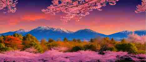 ベクトル 枝桜のある風景、朝の雲の中の霧深い山、東洋の自然