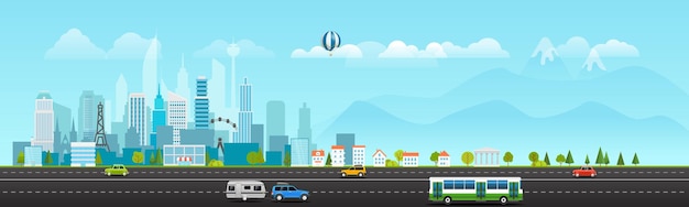 Vector landscape with buildings, mountains and vehicles. city life illustration